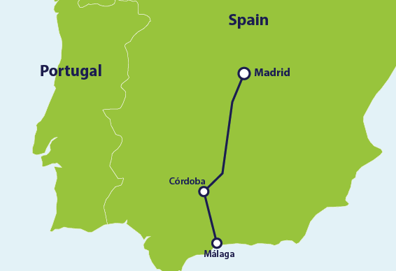 Map with train route Madrid to Málaga
